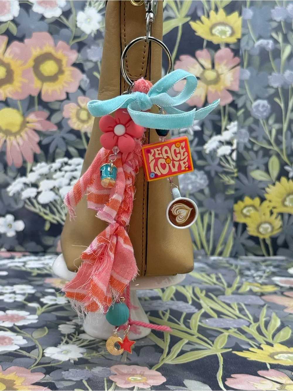 👑Adorned Crown Jewelry purse bag charm keychain peace love coffee fabric tassel